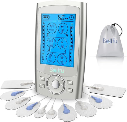 Belifu Dual Channel TENS EMS Unit 24 Modes Muscle Stimulator for Pain Relief Therapy, Electronic Pulse Massager Muscle Massager with 10 Pads, Dust-Proof Drawstring Storage Bag, Fastening Cable Ties
