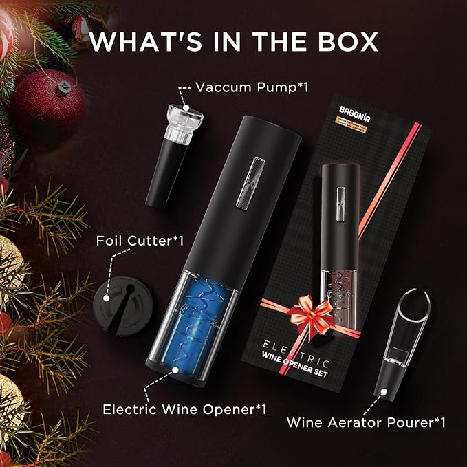 Electric Bottle Wine Opener Set, Automatic Electronic Corkscrew with Blue Led Indicator, Vacuum Stopper, Pourer, and Foil Cutter, Perfect for Home, Party and Wedding, Rechargeable