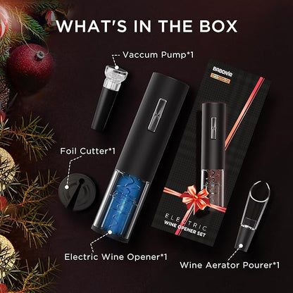 Electric Bottle Wine Opener Set, Automatic Electronic Corkscrew with Blue Led Indicator, Vacuum Stopper, Pourer, and Foil Cutter, Perfect for Home, Party and Wedding, Rechargeable