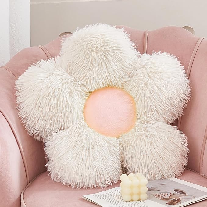 MorroMorn Flower Pillow Shaped Throw Pillows, 20" Floor Pillow Butt Cushion - Fluffy Shaggy Daisy Floral Decorative Pillows for Bed Couch Sofa Chair Cute Plush Faux Fur Room Decor (White & Pink)