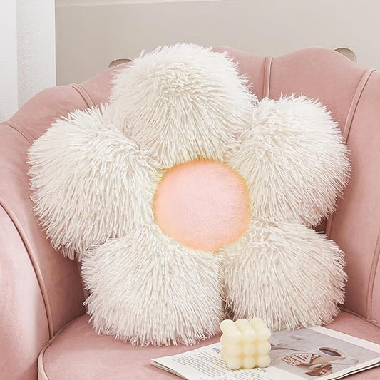MorroMorn Flower Pillow Shaped Throw Pillows, 20" Floor Pillow Butt Cushion - Fluffy Shaggy Daisy Floral Decorative Pillows for Bed Couch Sofa Chair Cute Plush Faux Fur Room Decor (White & Pink)