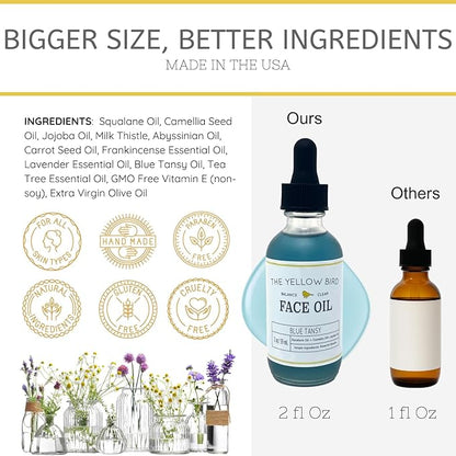 Yellow Bird Balancing Blue Tansy Face Oil 2 oz / 59 ml – Skin Glowing Serum. Collagen Support. Promotes Clear Skin Naturally. Wrinkle, Blemish & Pore Minimizer. Natural, Vegan Facial Moisturizer.