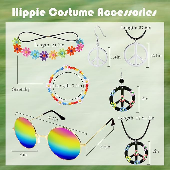 Hippie Costume Accessories for Women Peace Sign Earrings Necklace Flower Headband Sunglasses 60s 70s Accessories