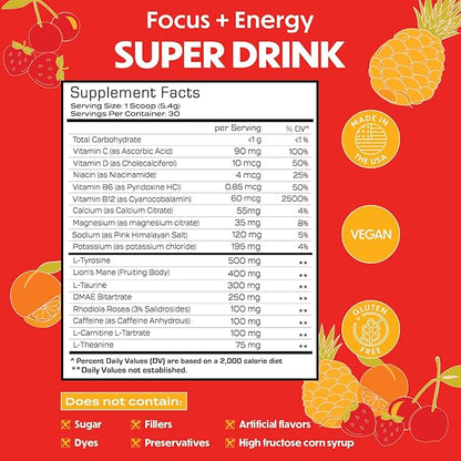 Forgge Healthy Energy Drink Powder Mix - Clean Caffeine + B12, B6, C & D Vitamins - Sugar Free Energy Drink Powder with Electrolytes, Amino Acids, Antioxidants, Lions Mane - Vegan, Keto-Friendly - 30 SVG, Fruit Punch