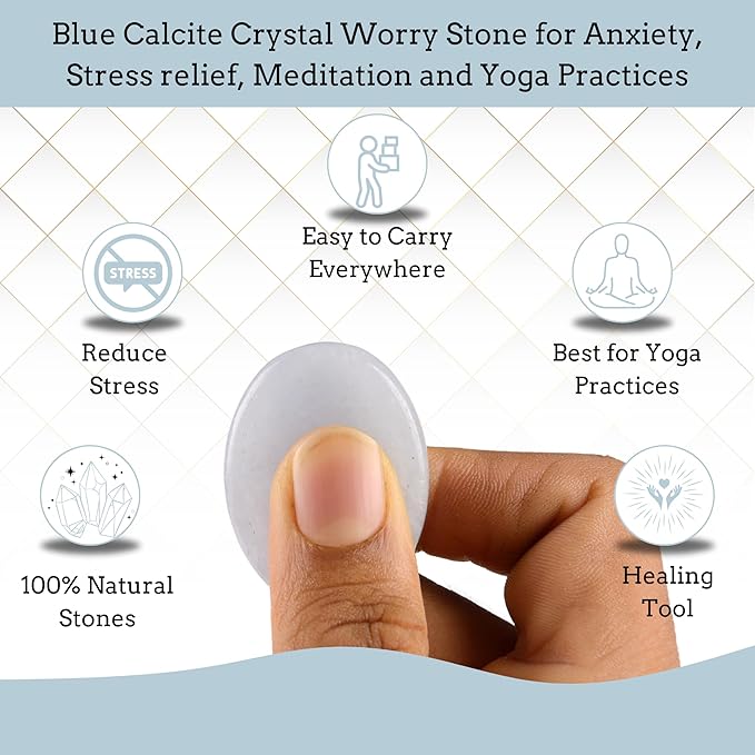Blue Calcite Worry Stones – Crystal Thumb Worry Stone for Anguish, Stress – Relaxing and Soothing Balance Stones for Meditation, Stress Relief – Healing Stones and Crystals for Men and Women