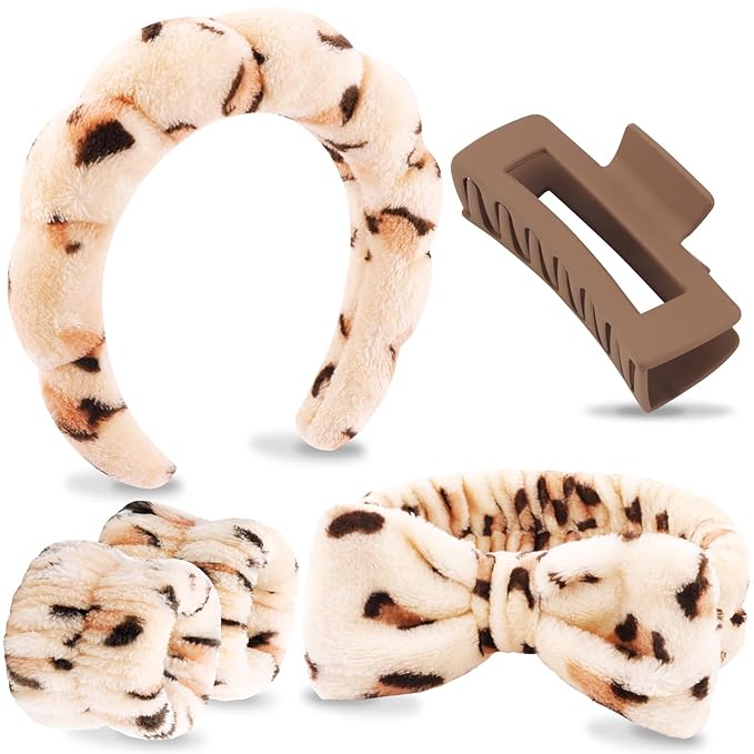 VELSCRUN Spa Headbands for Wash Face, Makeup Headband, Facial Skincare Headbands, 5 Pcs Brown Leopard Puffy Sponge Spa Headband Bow Tie Hair Band Hair Clips Wristband Set Women Girls Accessories