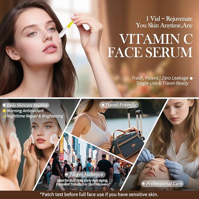 Vitamin C Face Serum with Glutathione, 4D Hyaluronic Acid & Aloe Vera – Lightweight Brightening & Hydrating Ampoule for Daily Skincare, Dark Spots, Sensitive Skin Friendly - 15 Ampoules (1ml each)