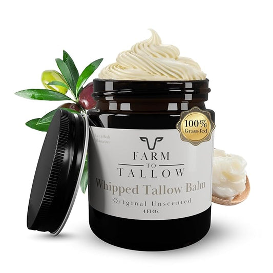 FARM TO TALLOW 100% Grass-Fed Beef Tallow for Skin, Face & Body – Unscented Moisturizer Made with Olive Oil – Gentle & Hydrating Natural Skincare Cream for Dry, Sensitive Skin – 4 Oz