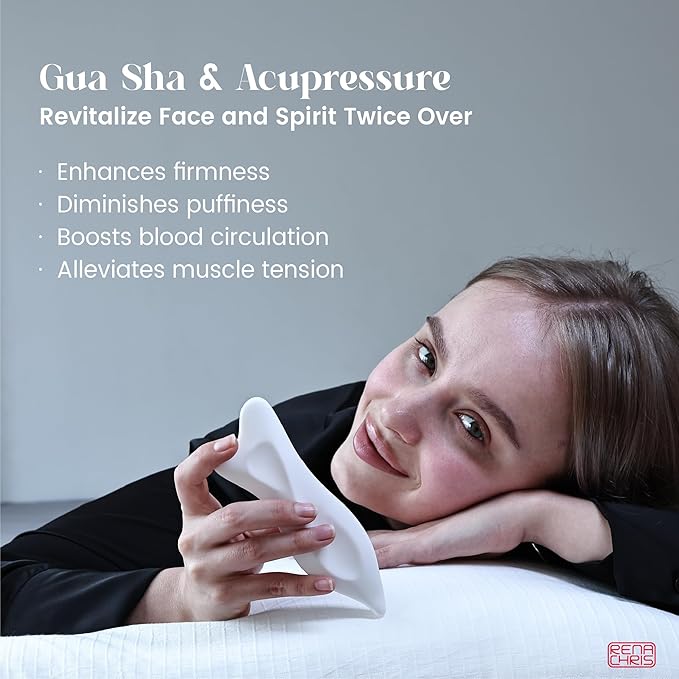 Rena Chris 3D Ceramic Gua Sha Facial Tools - Acupressure & Guasha for Face Massage, Jawline Sculpting, Puffiness Reduction- Skin Care Tool with User Manual