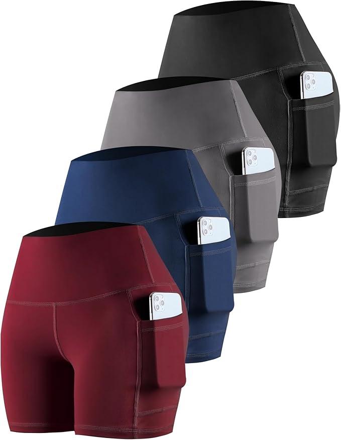 CHRLEISURE Womens Biker Yoga Shorts with Pockets: High Waisted Tummy Control Spandex Workout Athletic Gym Shorts 4 Packs