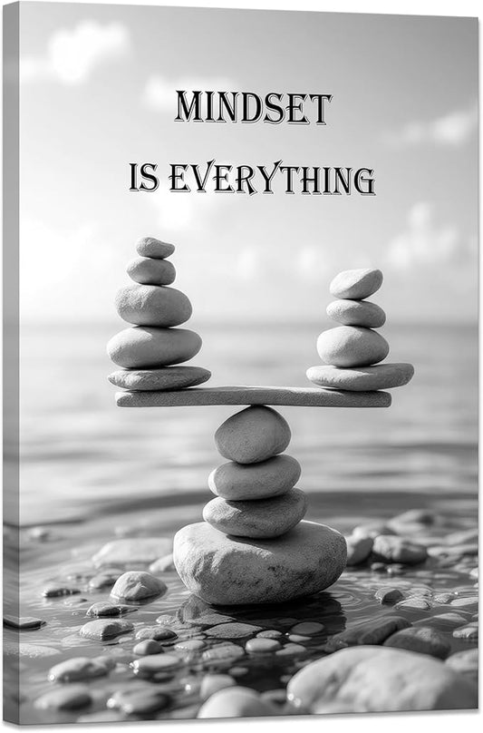 YIOZHAOFH Mindset Wall Art for Zen Office Inspirational Pictures Wall Decor Motivational Quotes Canvas Art Black and White Landscape Nature Print Poster Painting Framed for Meditation Spa Room Bedroom (24L x 36W)
