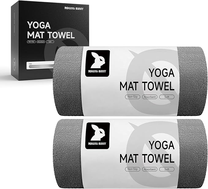 Yoga Mat Towel - Non-Slip Microfiber for Hot Yoga & Pilates | Super Absorbent, Lightweight & Machine Washable 72"x25" (2 Pack Gray)