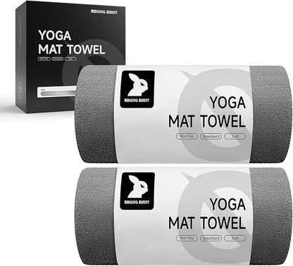 Yoga Mat Towel - Non-Slip Microfiber for Hot Yoga & Pilates | Super Absorbent, Lightweight & Machine Washable 72"x25" (2 Pack Gray)
