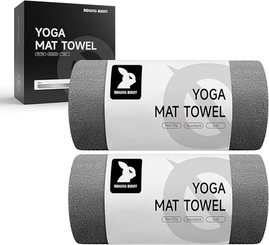 Yoga Mat Towel - Non-Slip Microfiber for Hot Yoga & Pilates | Super Absorbent, Lightweight & Machine Washable 72"x25" (2 Pack Gray)