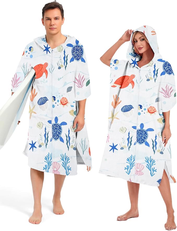 Abahub Surf Poncho Men & Women Towel Poncho Adult with Hood, Thick Quick Dry Changing Poncho Towel, Microfiber Wearable Cover Up for Surfing Beach Swim - Absorbent Changing Towel L (White Seabed)