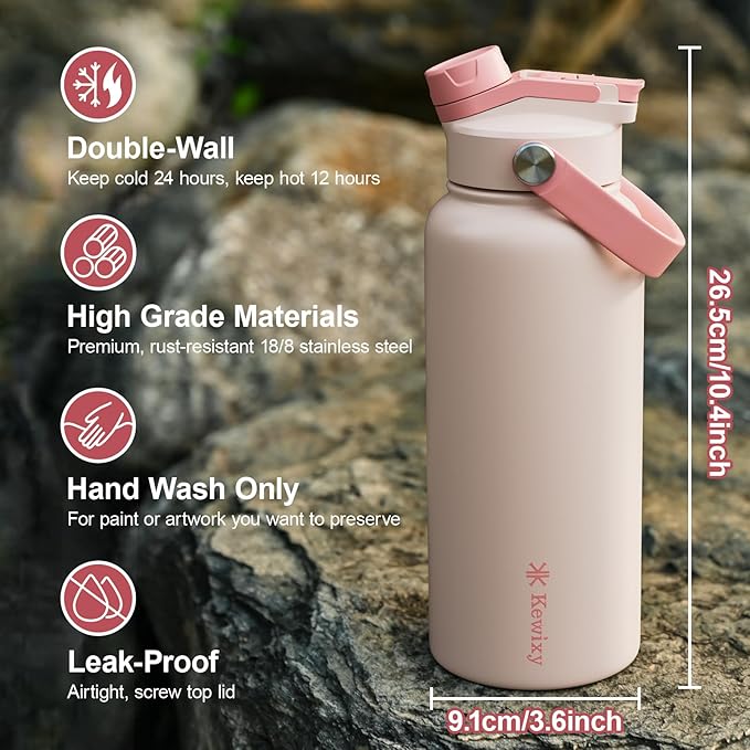 32 oz Insulated Water Bottle, 2-in-1 Lid, Straw & Spout with Protected, Leak Proof, Keep Cold, Stainless Steel, Metal, Reusable, Handle, for Outdoor, Gym and School, 2 Lids, Pale Pink