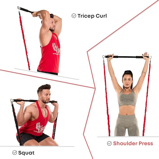 Resistance Band Bar for Fitness - Workout for Exercise, Squat, Biceps, Triceps, Shoulders, Back - Adjustable 3 Parts for Resistance Bands - Durable Portable Steel Pilates Bar