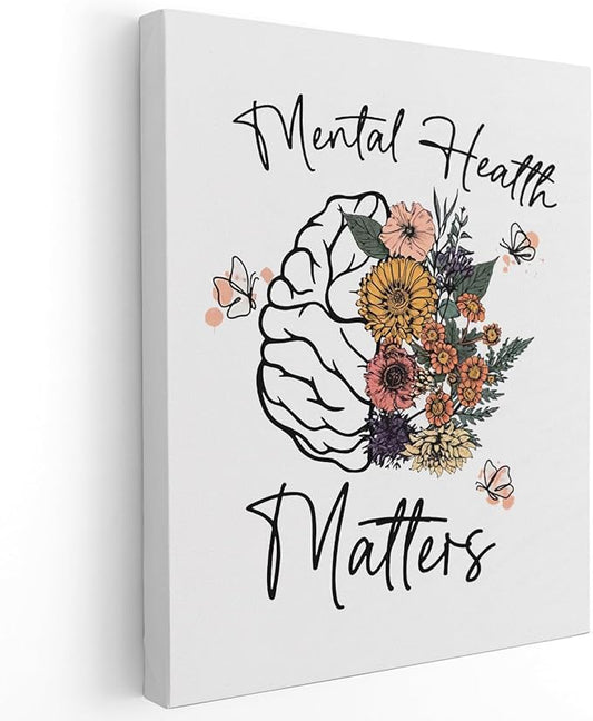 APJYM Mental Health Wall Decor, Mental Health Matters Flower Brain Canvas Wall Art, Therapist Office School Counselor Office Decor, 11x14 Inches