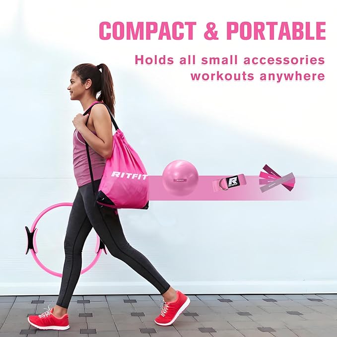 RitFit Pilates Kit - 14 Inch Pilates Ring Magic Circle with Pilates Ball, Resistance Bands & Yoga Strap, Pilates Equipment for Home Workout Toning Thighs, Arms and Core (Black/Pink)