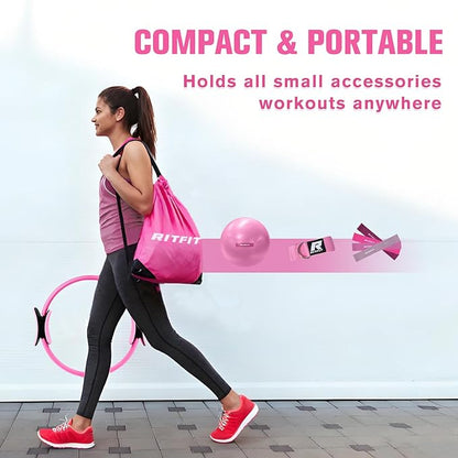RitFit Pilates Kit - 14 Inch Pilates Ring Magic Circle with Pilates Ball, Resistance Bands & Yoga Strap, Pilates Equipment for Home Workout Toning Thighs, Arms and Core (Black/Pink)