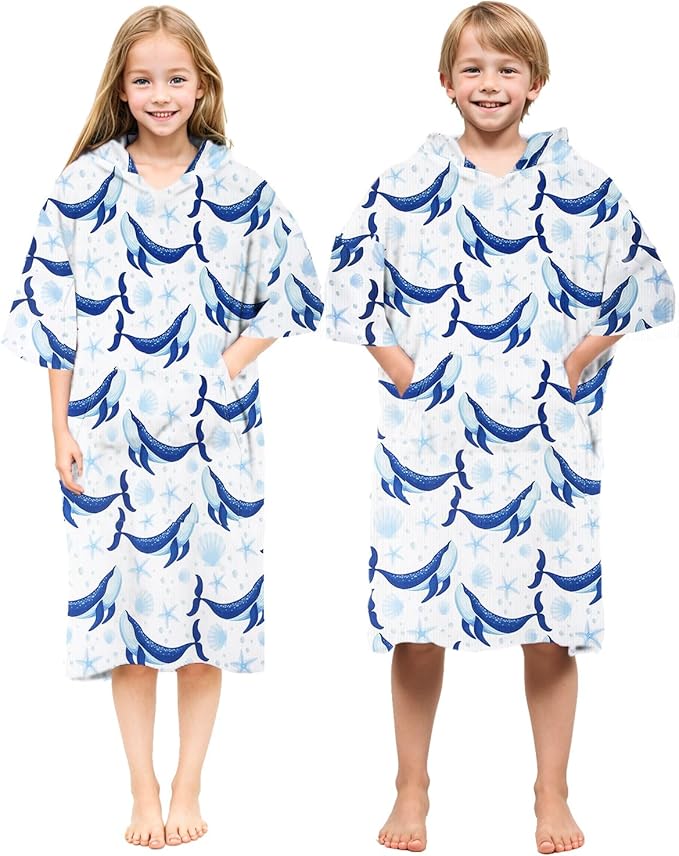 Abahub Surf Poncho Women & Men Towel Poncho Adult with Hood, Thick Quick Dry Changing Poncho Towel, Microfiber Wearable Cover Up for Surfing Beach Swim - Absorbent Changing Towel S (Blue Whale)