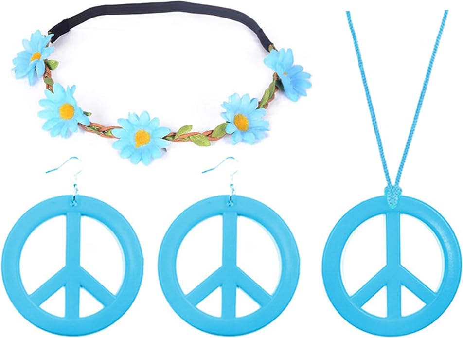 choice of all Peace Sign Necklace Earrings Sunflower Headband Set for Women 60s 70s Outfits Hip Hop Hippie Jewelry Halloween Costume Accessories