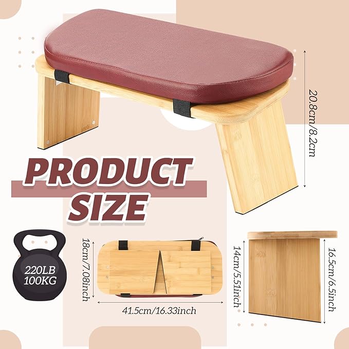 Meditation Bench with Leather Cushion, Folding Bamboo Kneeling Stool with Locking Magnetic Hinges for The Perfect Posture Seiza Bench for Yoga, Travel, Pray, Zen Practice Stool
