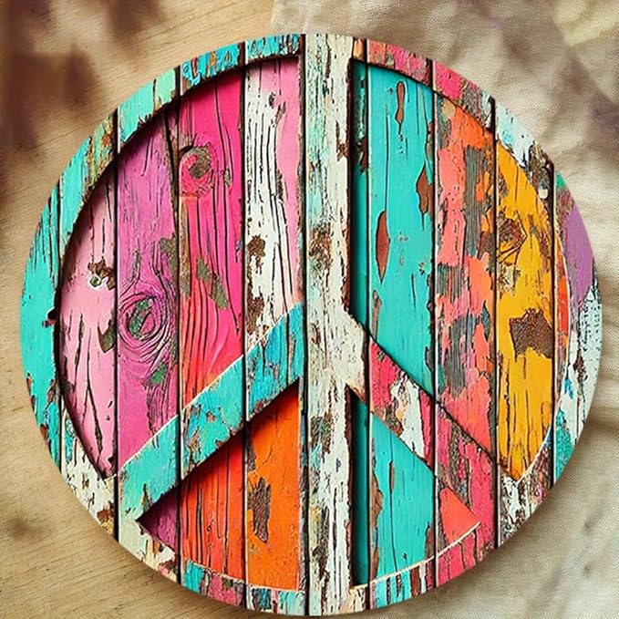 Colorful Peace Symbol Round Aluminum Sign - Vibrant High-Definition Print, Weathered Wood Design, Easy to Hang,Decorative Wall Art | Durable Print, Outdoor Decor, Perfect for Room Decor