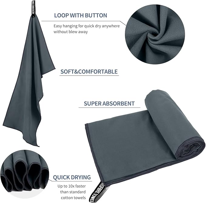 Microfiber Travel Towel, Soft Lightweight Quick Dry Towel, Super Absorbent Compact Travel & Sports & Beach Towels for Camping, Backpack, Gym, Swimming, Yoga, Hiking (M:20"×40" -Dark Gray)