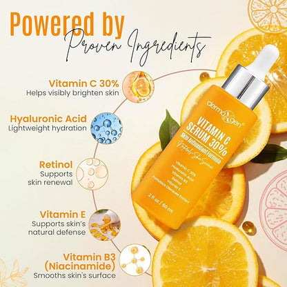 30% Vitamin C Serum (2 Fl Oz) Pure Organic Anti- Wrinkle + Hyaluronic Acid + Retinol + Vitamin E + Vitamin B, Facial Serum For Anti-aging, Wrinkles, And Fine Lines.