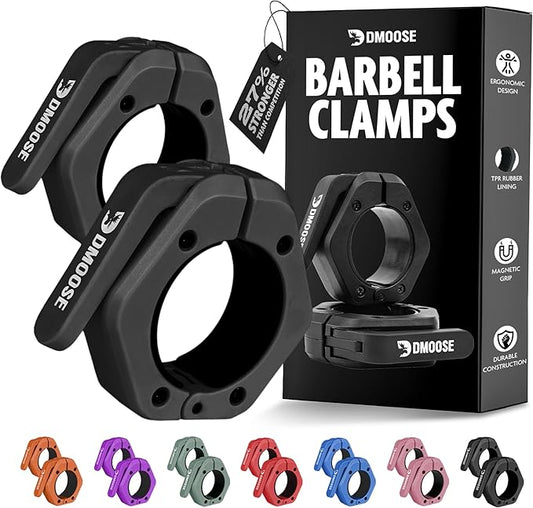 DMoose Fitness Barbell Clips 2 Inch (Pair) - Quick Release Olympic Barbell Clamps & Collars with Anti Slip TRP Grip for Secure Weightlifting and Powerlifting - Weight Clips for Bars at Home or Gym