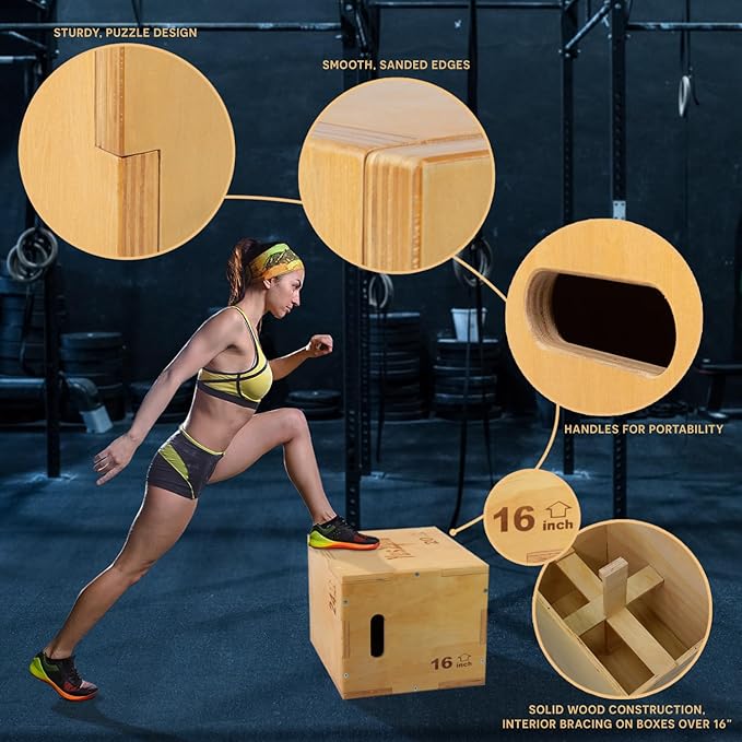 Yes4All Plyo Box, 3-in-1 Wooden Box Jumps for Home Gym (12/14/16 in), 450 lbs Boxes Step Up with Smooth Edges & Wide Built-in Handles for Jumping, Strength Training, Lunges, Squats, Dips