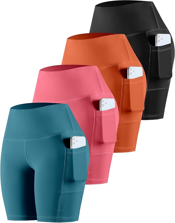 CHRLEISURE Womens Biker Yoga Shorts with Pockets: High Waisted Tummy Control Spandex Workout Athletic Gym Shorts 4 Packs