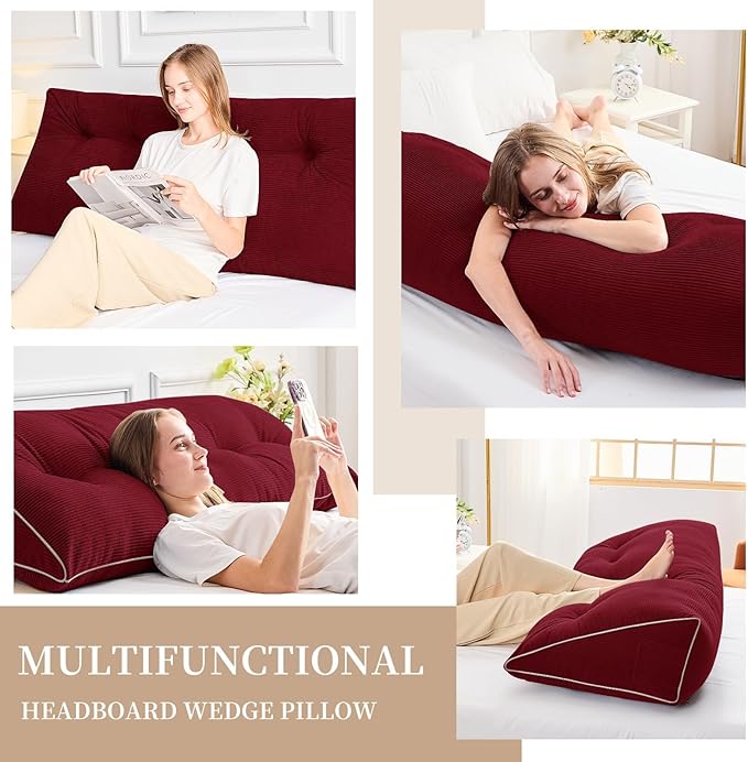 Sasttie Headboard Pillow Queen, Wedge Pillow Headboard for Sitting Up in Bed, Back-Rest Support Triangular Cushion for Reading - Features Removable Washable Cover, Wine