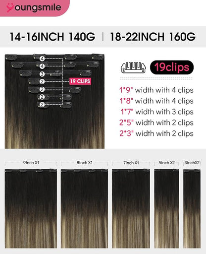 Youngsmile Clip in Hair Extensions Real Human Hair, Remy Human Hair Extensions Clip in,Balayage Black Ombre Dark Brown with Caramel Brown, 160 Gram For Women 7 Pieces 22inch (7C#1B/4/27-22Inch)