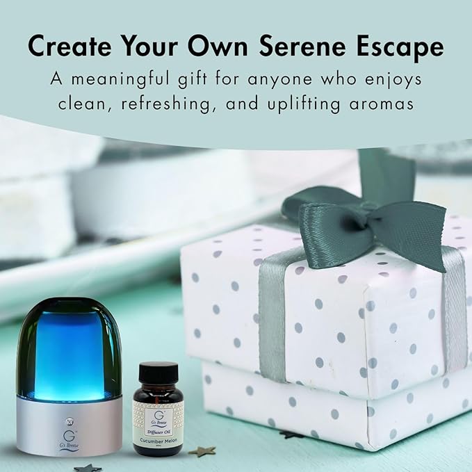 G's Breeze Smart Aroma Diffuser with 60ml Cucumber Melon Scent Refill – Bluetooth & Wi-Fi App Control - LED Lighting & Adjustable Intensity - Long-Lasting Fruity Floral Fragrance for Home or Office