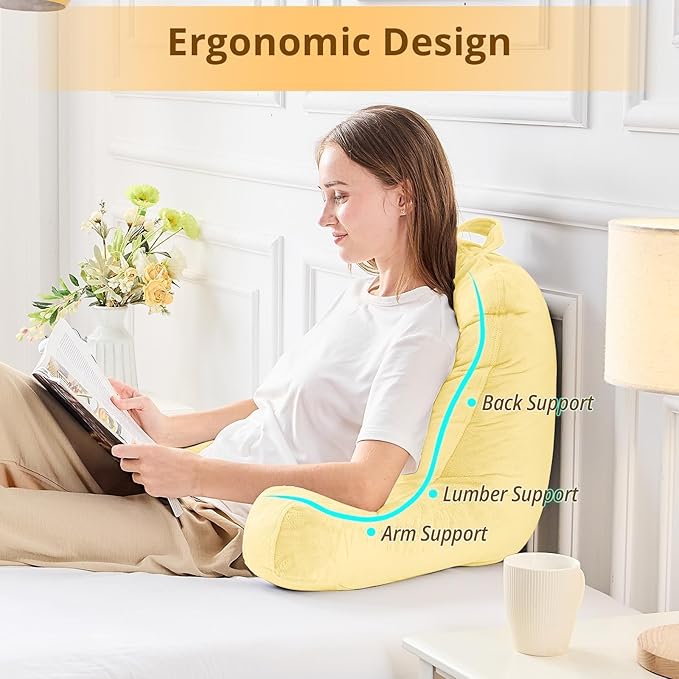 Sasttie Reading Pillow, Velvet Back Pillow for Bed Sitting Up, Adult Back-Rest Support Cushion with Arms for Sit Up on Couch, Sofa, and Floor, Dorm Essentials, Reading Accessories, Light Yellow