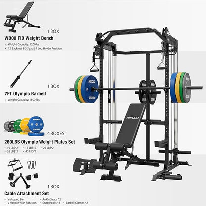Mikolo Power Cage, 2000LB Power Rack with Independent Dual Pulley System, Multi-Function Home Gym Workout Machine for Cable Crossover