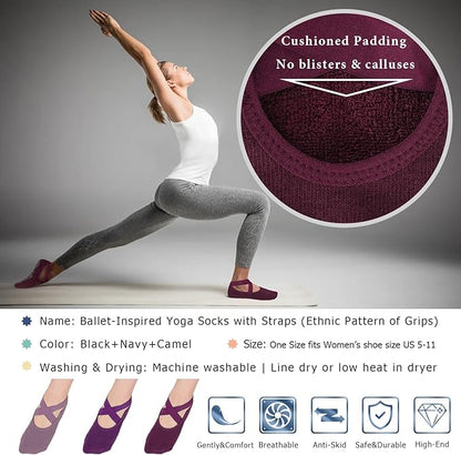 Ozaiic Yoga Socks for Women Non-Slip Grips & Straps, Ideal for Pilates, Pure Barre, Ballet, Dance, Barefoot Workout