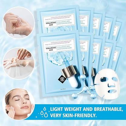 10 Sheets Face Mask Skincare Hyaluronic Acid Face Masks, Hydrating Face Masks Skin Care, Deeping Moisturizing Facial Masks for All Skys Types, Smoothing Party Spa Gift for Women