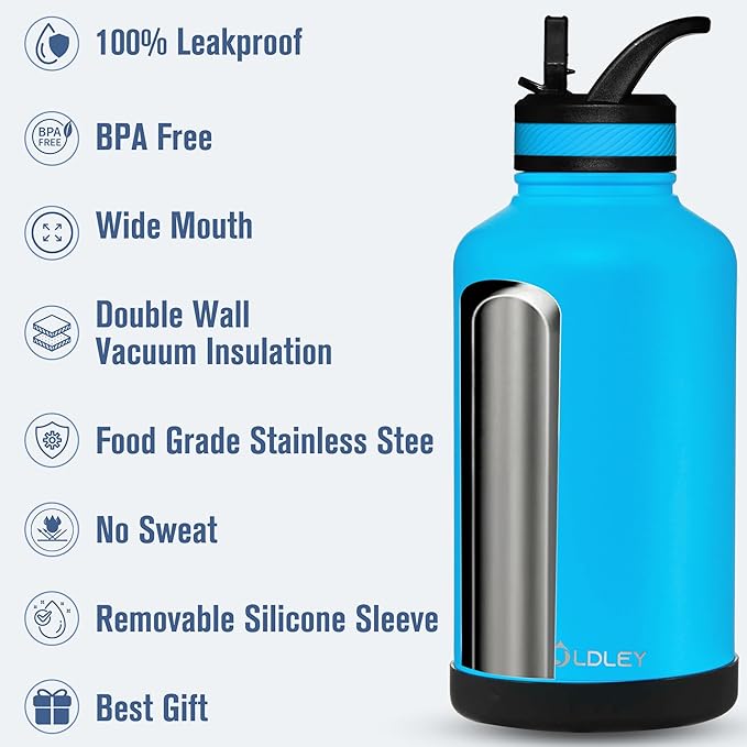 OLDLEY 64 oz Insulated Water Bottle With Straw, Stainless Steel Sports Water Cup Flask with 3 Lids(Straw, Spout and Handle Lid) Double Walled Travel Thermal Canteen Mug,Sky Blue