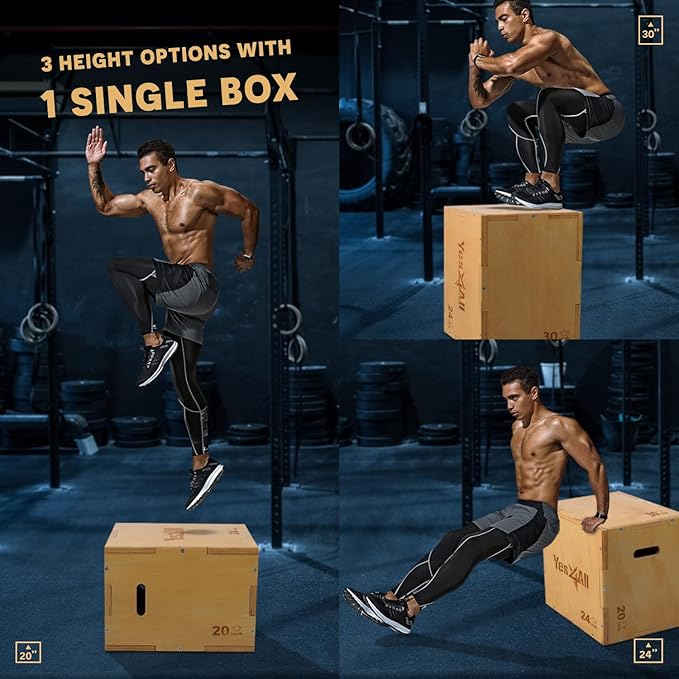 Yes4All Plyo Box, 3-in-1 Wooden Box Jumps for Home Gym (12/14/16 in), 450 lbs Boxes Step Up with Smooth Edges & Wide Built-in Handles for Jumping, Strength Training, Lunges, Squats, Dips