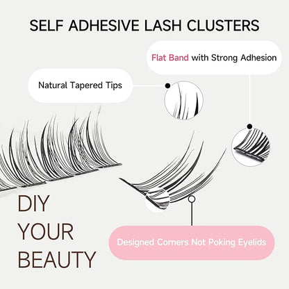 Self Adhesive Eyelashes Kit, Natural Look 10-14mm Lash Clusters Kit Reusable Lash Clusters Pre-Glued DIY Eyelash Extensions, No Glue Needed, No Residue, Easy to Apply (Hybrid)