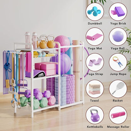 Home Gym Storage Rack - Exercise Equipment Storage Organizer for Yoga Mat Dumbbells Kettlebells Foam Roller & Resistance Bands, Ideal Yoga Mat Holder & Workout Equipment Organizer(White)