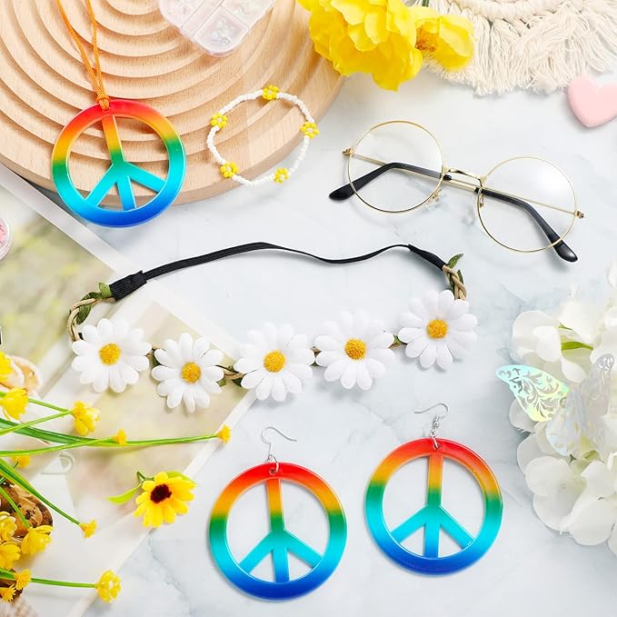 Batiyeer 6 Pcs Hippie Costume Accessories Set, Boho Peace Sign Daisy Flower 60s 70s Party Favors Decor for Groovy Party Women