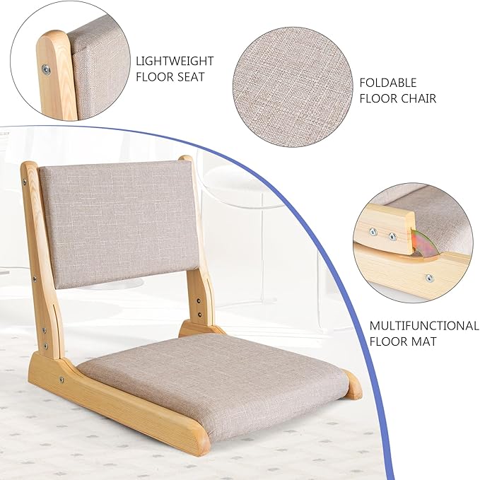 Japanese Floor Chair with Back Support, Foldable Meditation Chair, Legless Tatami Chair with Cushion, Floor Seat for Living Room, Bedroom, Bay Window (1, Gray)