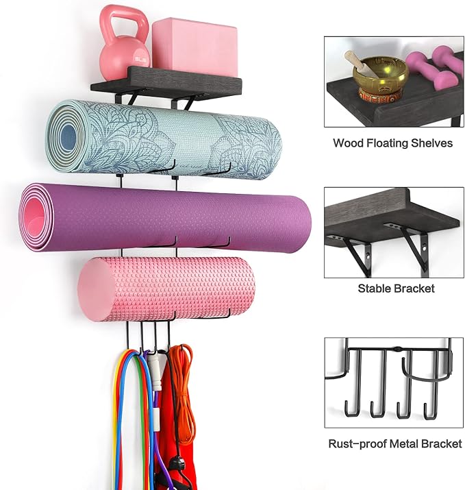 VINAEMO Yoga Mat Holder Accessories Wall Mount Organizer Storage Decor Foam Roller and Towel Storage Rack with 4 Hooks and Wooden Shelves Yoga Mats Rack Resistance Bands for Home Gym School Office