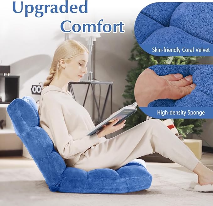 RELAX4LIFE Floor Chair with Back Support - 14-Position Adjustable Lazy Sofa Chairs, Padded Sleeper Bed & Couch Recliner for Reading Meditation, Folding Floor Gaming Chair for Adults (Blue)
