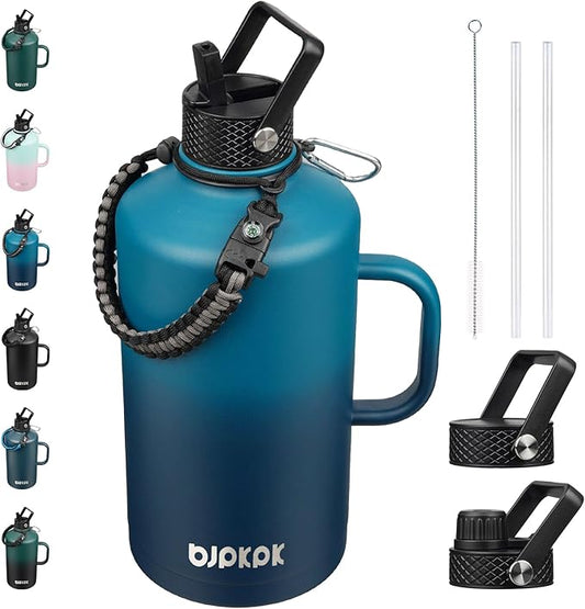 BJPKPK 1 Gallon Water Bottle Insulated with Straw Lid, 50oz, 64oz, 87oz, 128oz Large, Stainless Steel Water Bottles with 3 Lids and Paracord Strap, Double Wall Vacuum Metal Water Jug,Vast