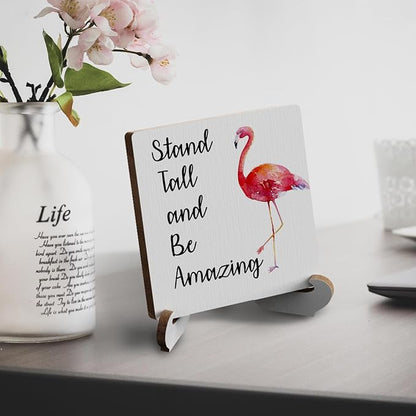 Flamingo Gifts Rustic Wooden Desk Decor - Funny Flamingo Plaque with Wood Stand Holder for Farmhouse, Office, Girls Room
